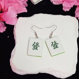 Green Dragon Mahjong Tile Earrings – Chinese Symbol Punk Resin Dangle Statement